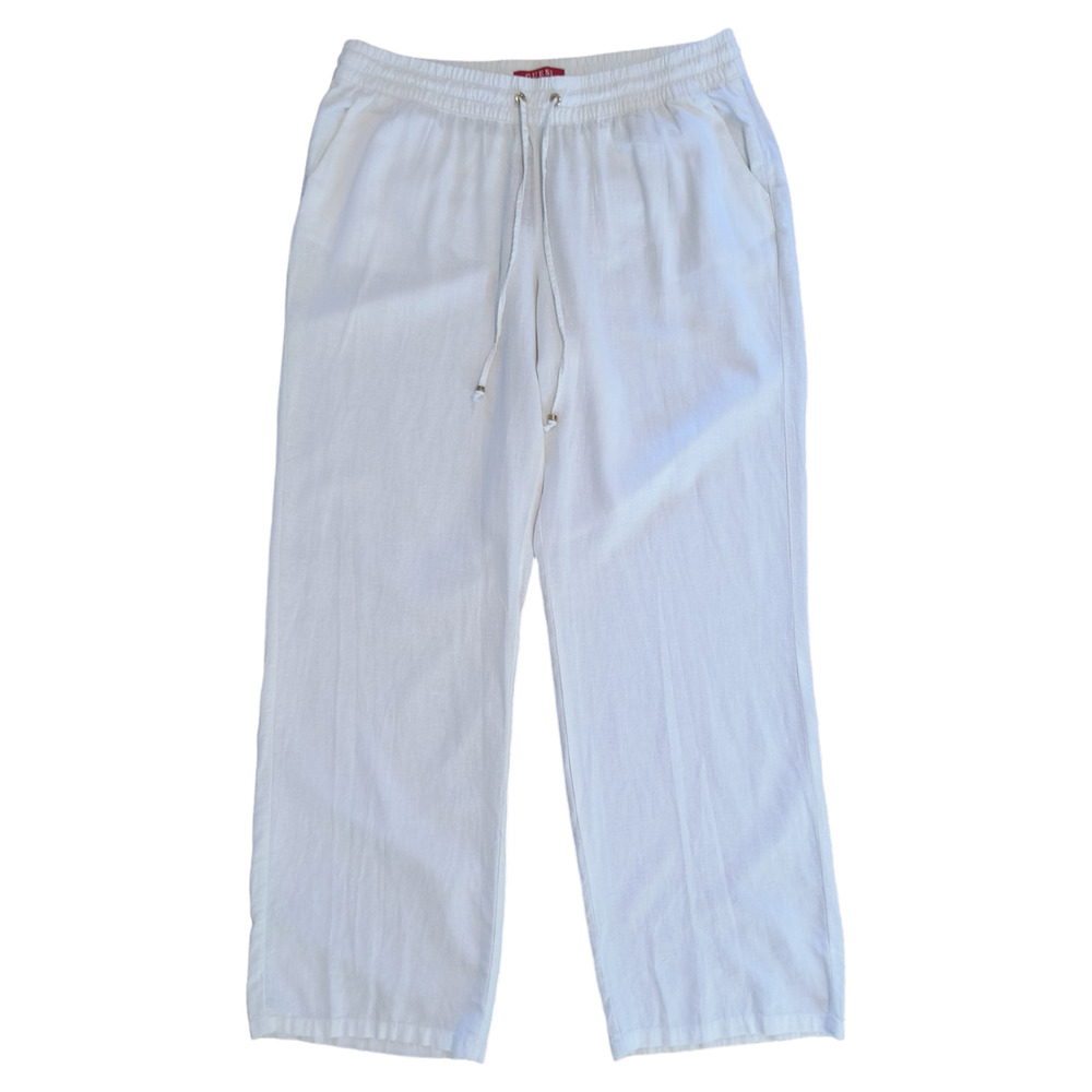 Guess Reagan Linen Pant Women's Size L White Elastic Waist Wide Leg Pockets
